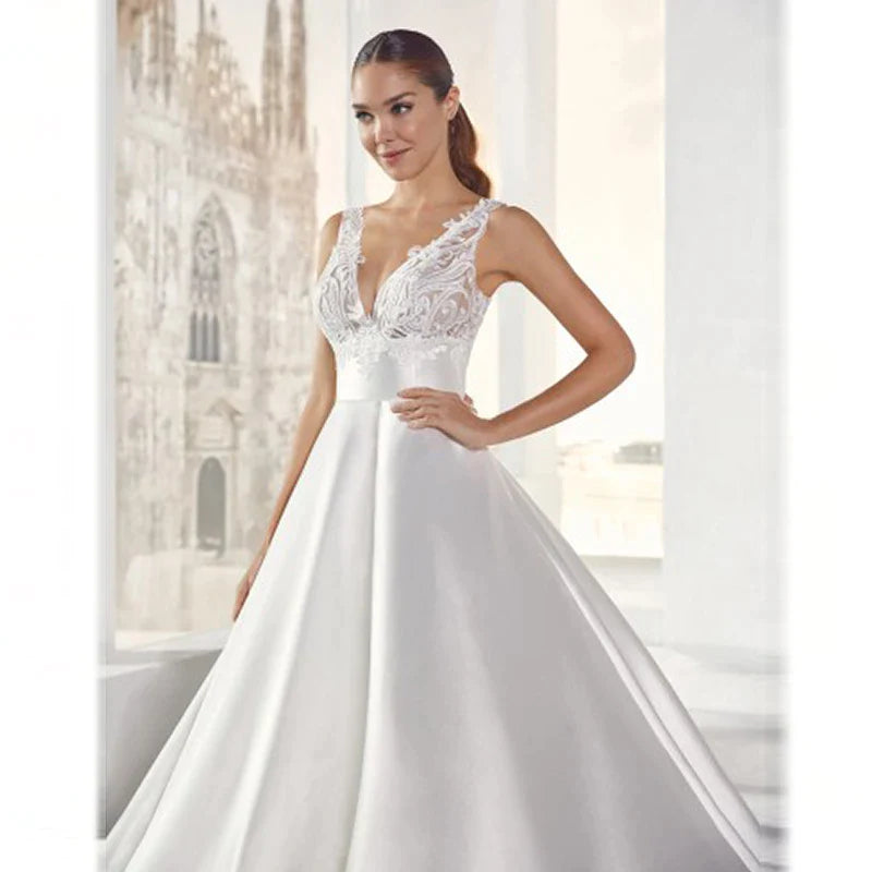 Wedding Dresses Elegant A-Line Regular Straps Modern Satin Lace Applique Backless Bridal Gown Vestidos De Novia