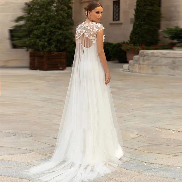 O Neck Cap Sleeve Wedding Dress For Women 3D Flowers Tulle Overskirt Satin Sweetheart Bride Gowns Cut Out Back Robe De Mariee
