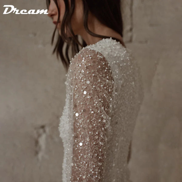 DREAM Long Sleeves Sequin Short Wedding Dress For Women Above Knee Beaded Feather Mini Sheath Modern Bridal Gown