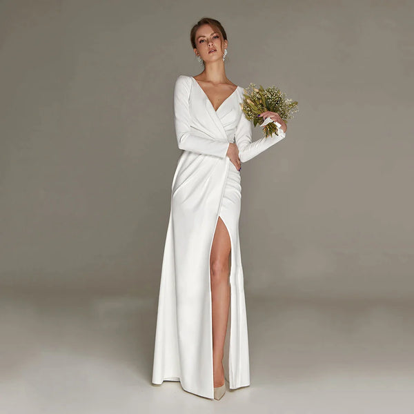 New Civil Wedding Dress V-neck Floor Length White Side Slit Bridal Gown For Bride Lawn Engagement Party Vestidos Novia