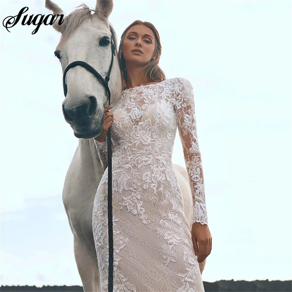 Sexy Lace Bodycon Mermaid Wedding Dresses Backless Long Sleeves Elegant Boho Bridal Gowns Custom Color robe de mariée