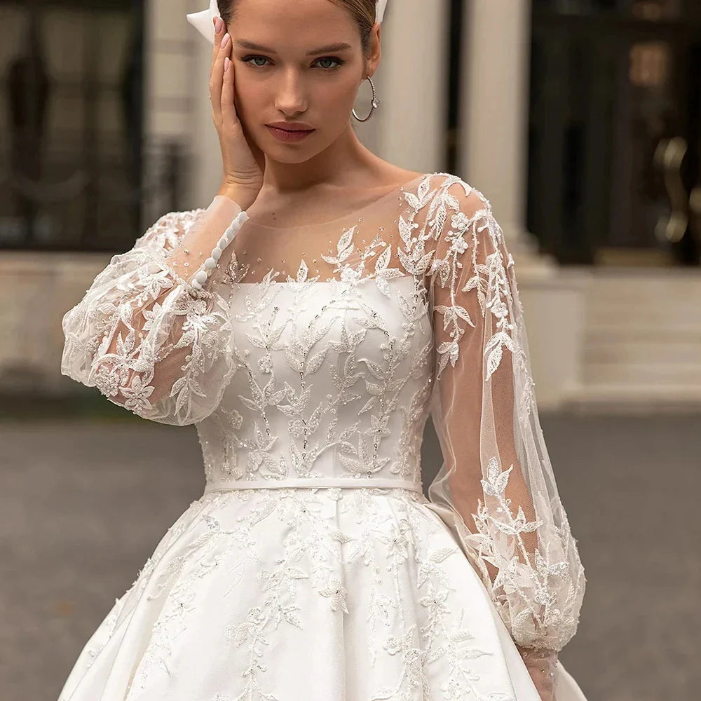 Luxe kanten appliques trouwjurken een lijn fuffy ruches satijnen baljurken met lange mouwen formele bruid strand feestvestido de novia