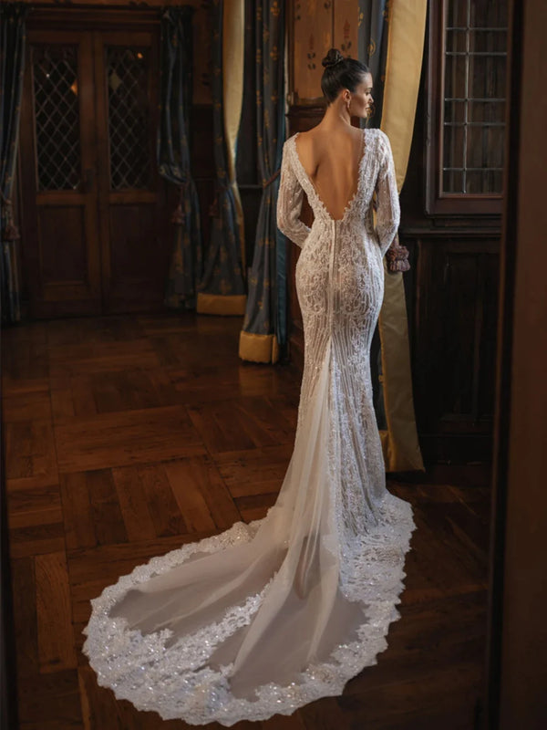 Sexy Deep V-neck Backless Bride Robe Classic Lace Appliques Bridal Gown Sparkly Beads Sequins Long Wedding Dress Robe De Mariée