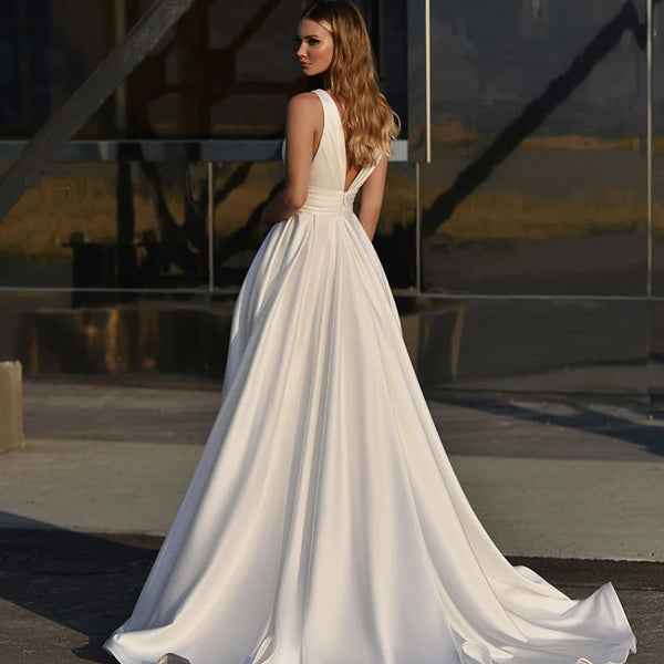 A-Line Wedding Dress Satin Side Slit Floor Length Custom Made To Measure For women Robe De Mariee With Pocket White Elegant