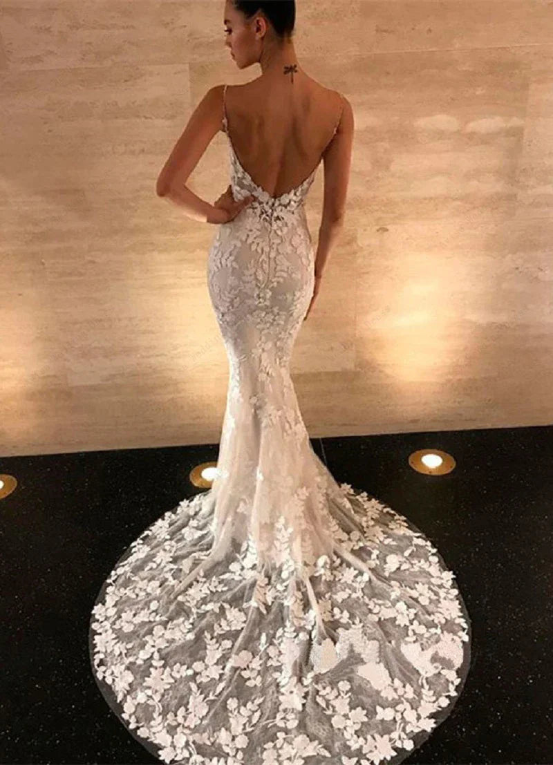 Boho Lace Appliques Wedding Dress Mermaid Bridal Dresses Spaghetti Straps Backless Beach Bridal Gowns Vestido De Noiva