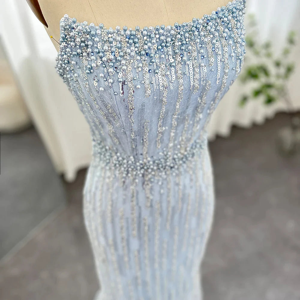 Light Blue Pearls Luxury Dubai Evening Dresses Elegant Strapless Arabic Women Wedding Party Formal Gowns SS395