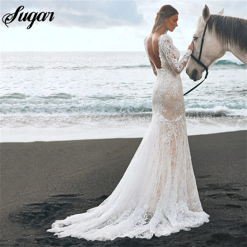 Sexy Lace Bodycon Mermaid Wedding Dresses Backless Long Sleeves Elegant Boho Bridal Gowns Custom Color robe de mariée