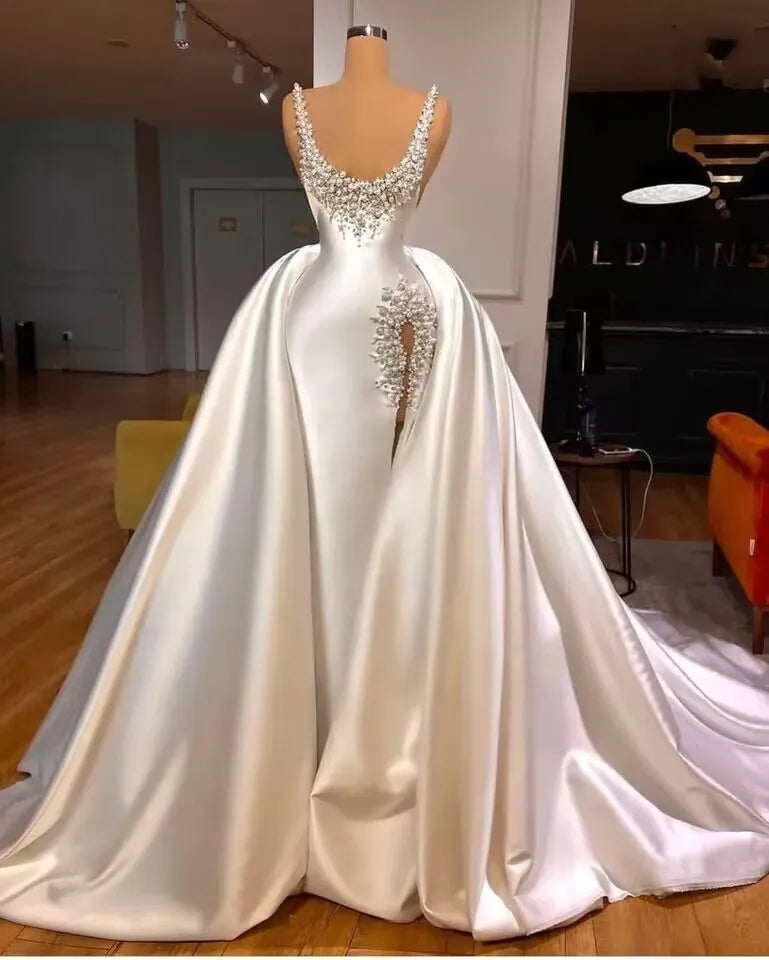 Vestido De Novia De perlas De sirena con cuentas De lujo con tren desmontable vestidos De Novia con abertura lateral para mujer Vestido De Novia hecho a medida 