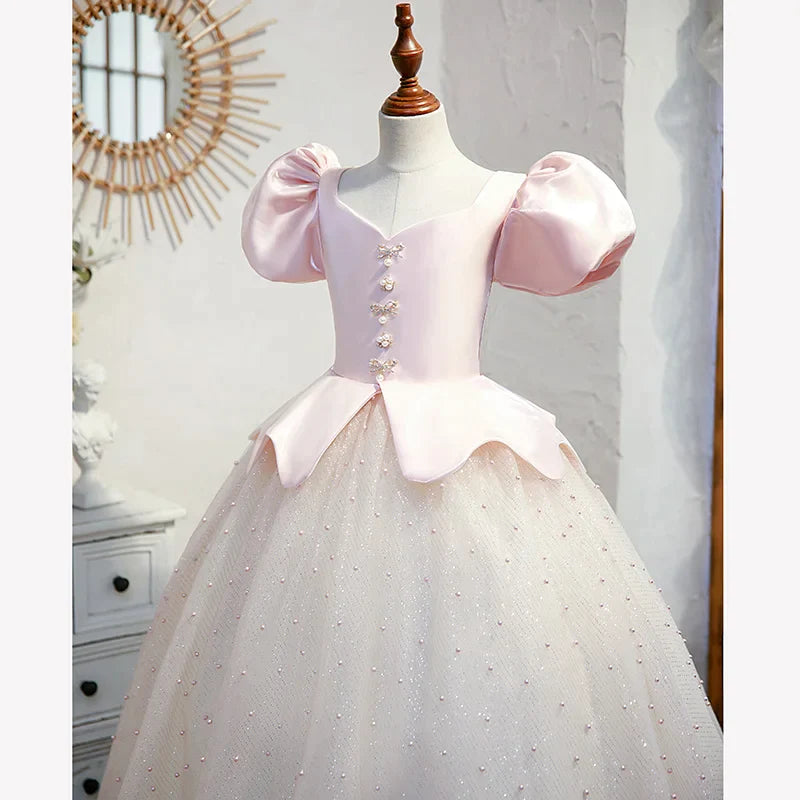 Children Pink Satin Tulle Dress Beading Puff Sleeve Floor-Length Chiffon Dresses Girl Kids Square Collar Wedding Party Gown