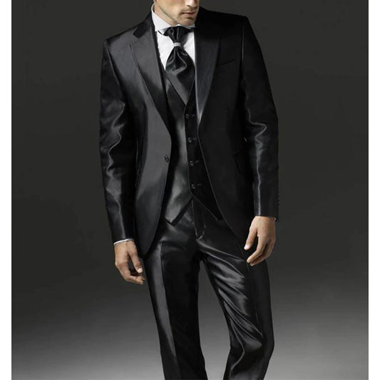 Blazer Men Suits Vest Jacket Pants Black Three Piece Single Breasted Notched Lapel Satin Luxury Costume Hombre Wedding Groom
