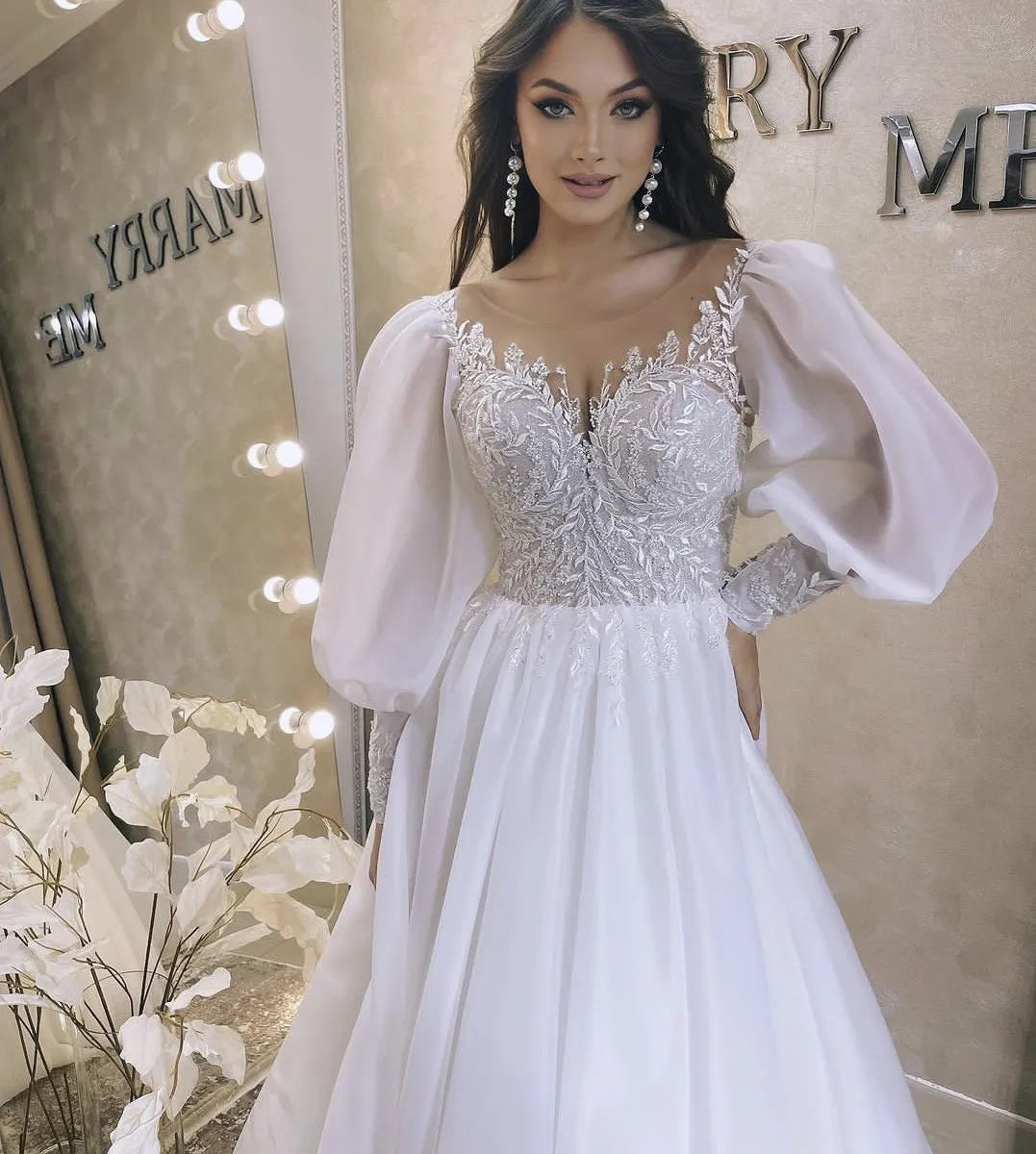 Vestido de novia de manga larga abombada, corte en A, Organza, Apliques de encaje blanco para mujer, personalizado a medidas, vestidos de novia elegantes y preciosos 