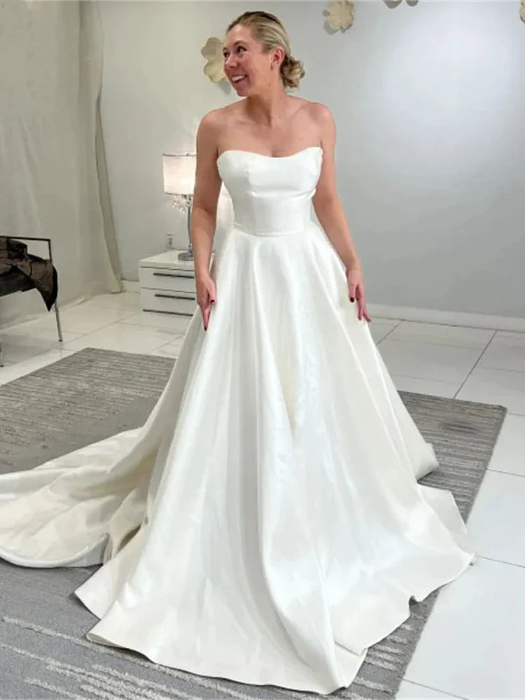 Elegante Brautkleider trägerloser A-Linie-Brautkleider sexy Roben für formelle Party ärmellose einfach Vestidos de Novia