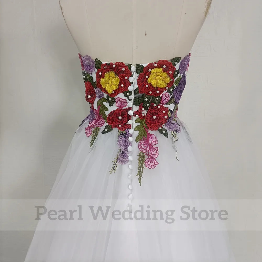 Colourful Embroidery Wedding Dress Strapless Sleeveless Bridal A-Line Floor Length Tulle Backless Romantic Sweep Train Gowns
