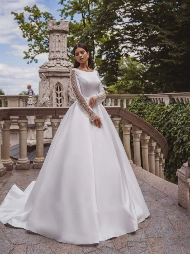 Simpuco di raso a linea abito da sposa barca a barca a manica piena abiti lunghi abbottini vintage perline abiti eleganti abiti personalizzati personalizzati