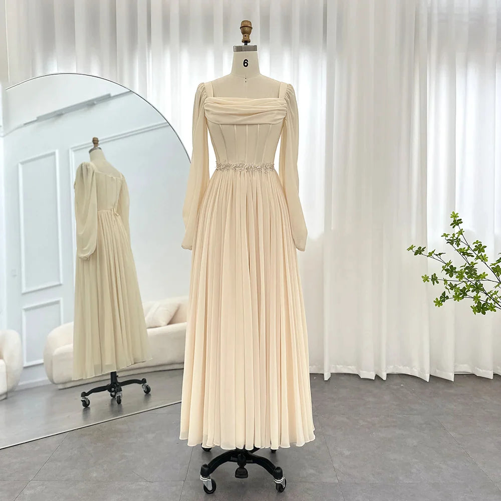 Beige Short Midi Arabic Evening Dress with Belt Long Sleeves Tea Length Women Formal Wedding Party Gowns SS393 Beige