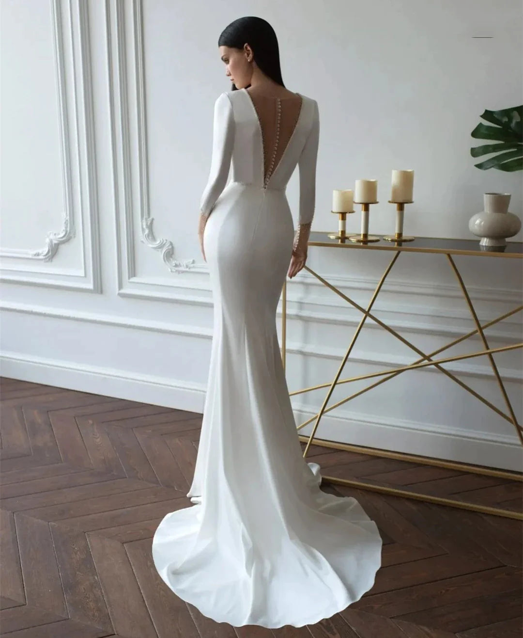 Nieuwe diepe V-hals satijn trouwjurk Eenvoudig 3/4 mouw Backless Mermaid Bridal Jury Sweep Train for Women Brides Ghowns White