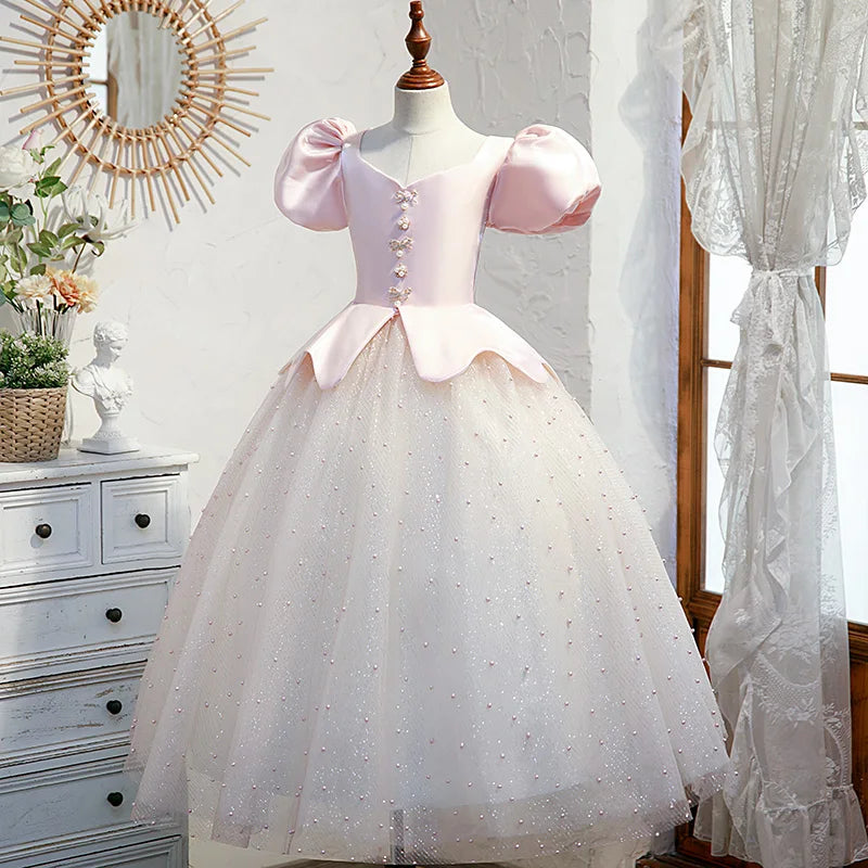 Children Pink Satin Tulle Dress Beading Puff Sleeve Floor-Length Chiffon Dresses Girl Kids Square Collar Wedding Party Gown
