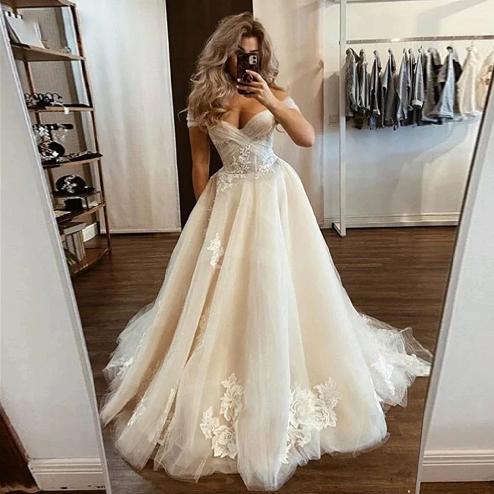 Bohemian Brautkleider sexy Off-Shoulder A-Line Tulle Lace Applique Elegante Brautkleider Robe de Vestidos Novia Mariée