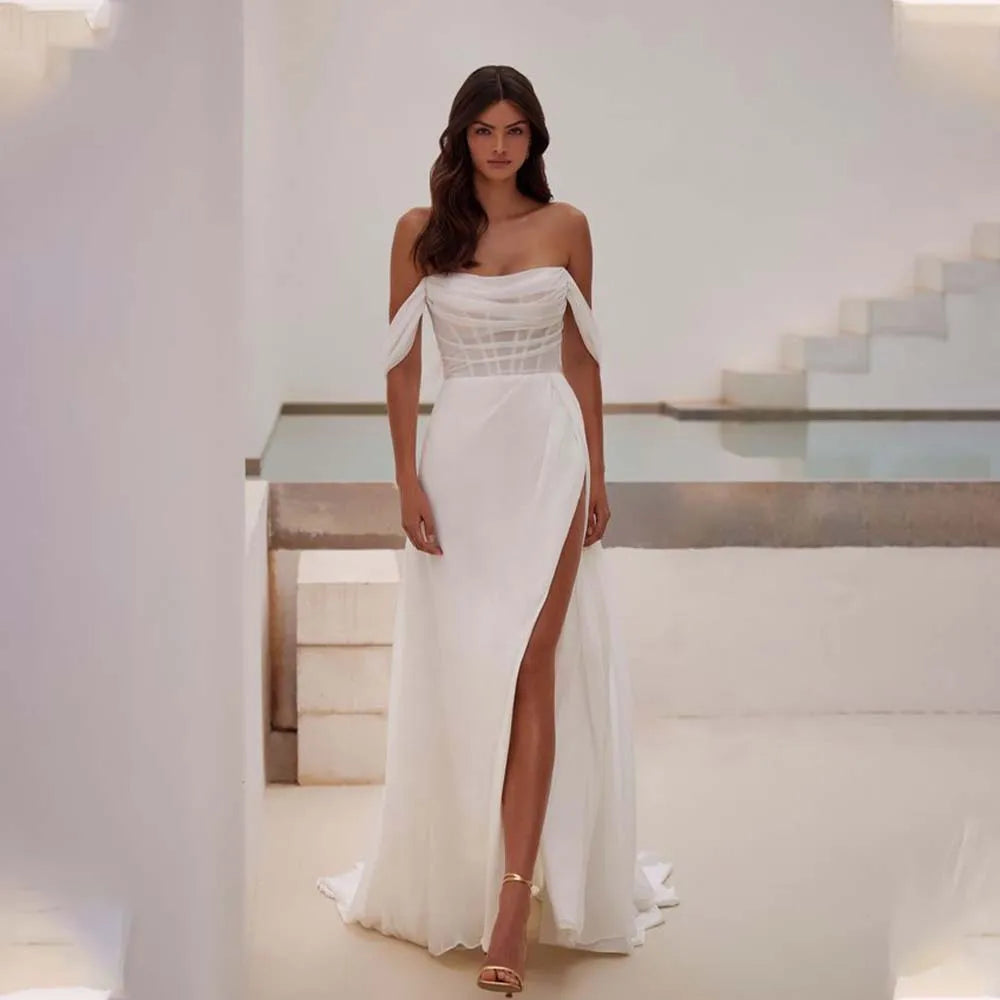 Graceful Chiffon Semi-transparent Boned Off-the-shoulder Boho Beach A Line Wedding Dresses straight Side Slit Rode De Morri 26W