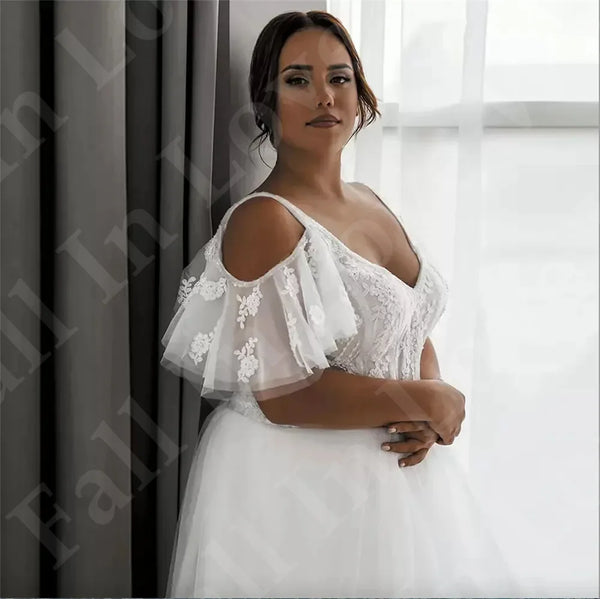 Plus Size Women Wedding Dress V-Neck Short Sleeves Custom Lace-Up Or Zipper Corset Lace Appliques New A-Line Tulle Bridal Gowns