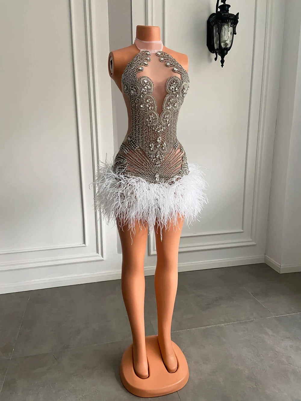 Sparkly Handmade Crystals Women Birthday Party Gowns Sexy See Through White Feather Black Girls Short Mini Prom Dress