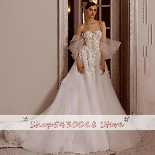 KapokDressy Elegant Strapless Wedding Dresses Lace Appliques A-Line Tulle Robes Floor Length Bridal Gowns Vestidos De Novia