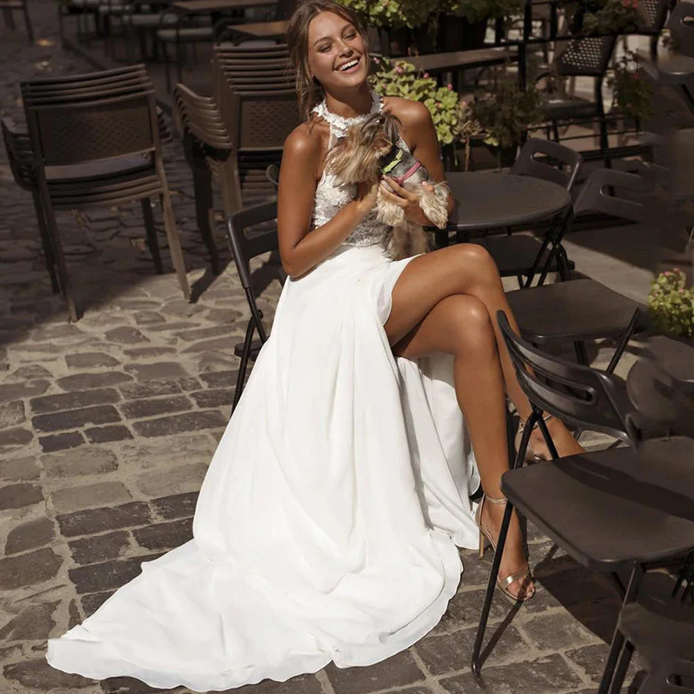 Vestidos de novia de gasa bohemios perfectos para mujer, vestidos de novia sencillos con cuello redondo y espalda descubierta, vestidos de novia de línea a, vestidos de playa hechos a medida 