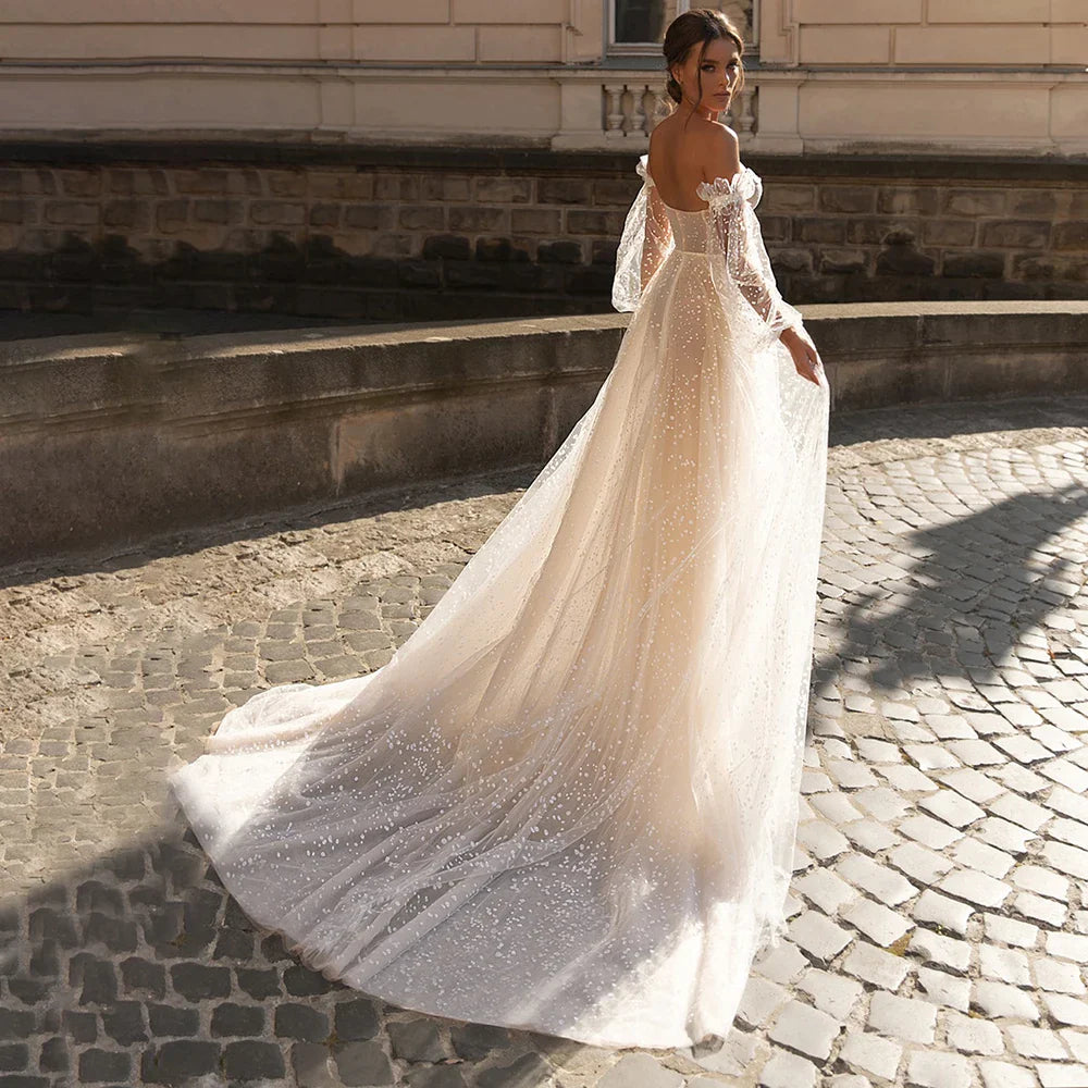 Vestidos De novia sexis De corte en A con mangas abullonadas sin tirantes y escote en forma de corazón para novia, bata De tul con lunares brillantes y espalda descubierta 