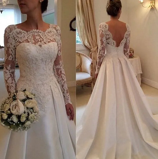 Elegant Backless Wedding Dress 2020 Vintage robe de mariée Lace Satin Long Sleeve Bride Dresses  2022 Custom Made Robe De Mariee