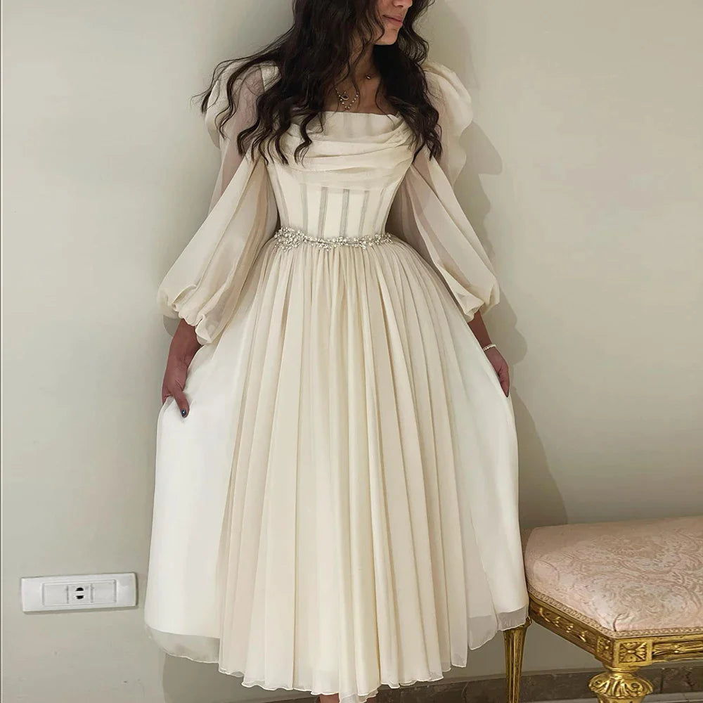 Robe de soirée arabe mi-longue Beige, avec ceinture, manches longues, longueur thé, robes de soirée de mariage formelles pour femmes, SS393 