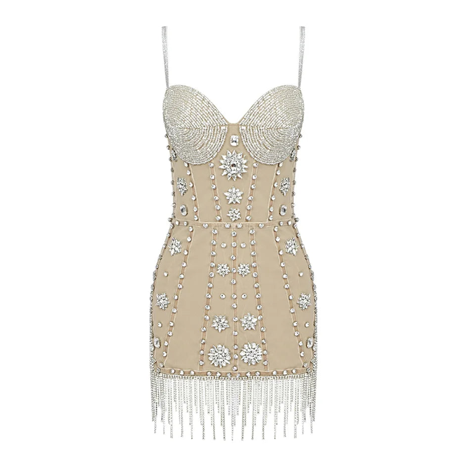 Diamond Fringe Mini Dress Summer Sexy Strap V Neck Luxury Rhinestone Beading Tassel Split Ultra-short Party Performance Dress Apricot