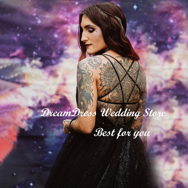 DREAM Black A Line Shiny Tulle V Neck Bridal Gowns Spaghetti Straps Crisscross Backless Gothic Bling Wedding Dress