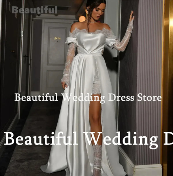 Beautiful Dress Unique 2 Piece Wedding Dress Sheath Short Lace Sheer O-Neck Long Sleeves And A-Line Satin Bridal Dress Vestidos