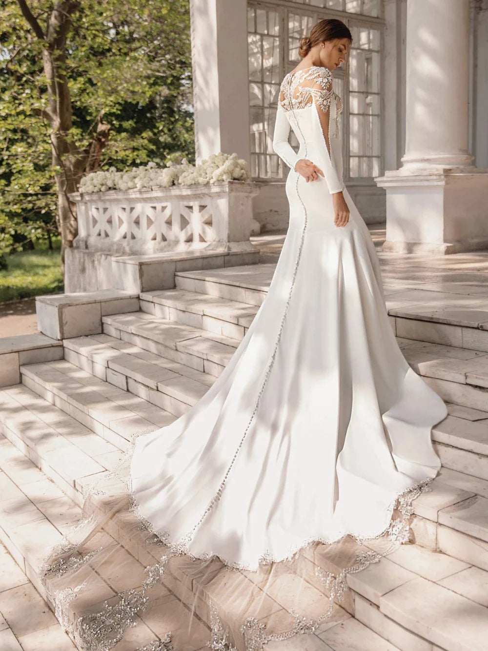 Vestido De novia De manga larga con cuello redondo, traje De novia con cuentas y lentejuelas brillantes, vestido De novia largo elegante De sirena 