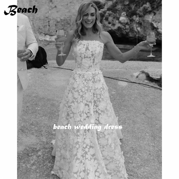 BEACH 3D Floral Lace Appliques Strapless Wedding Bridal Gowns Backless A-Line Sweep Train Bride Dress vestidos largos