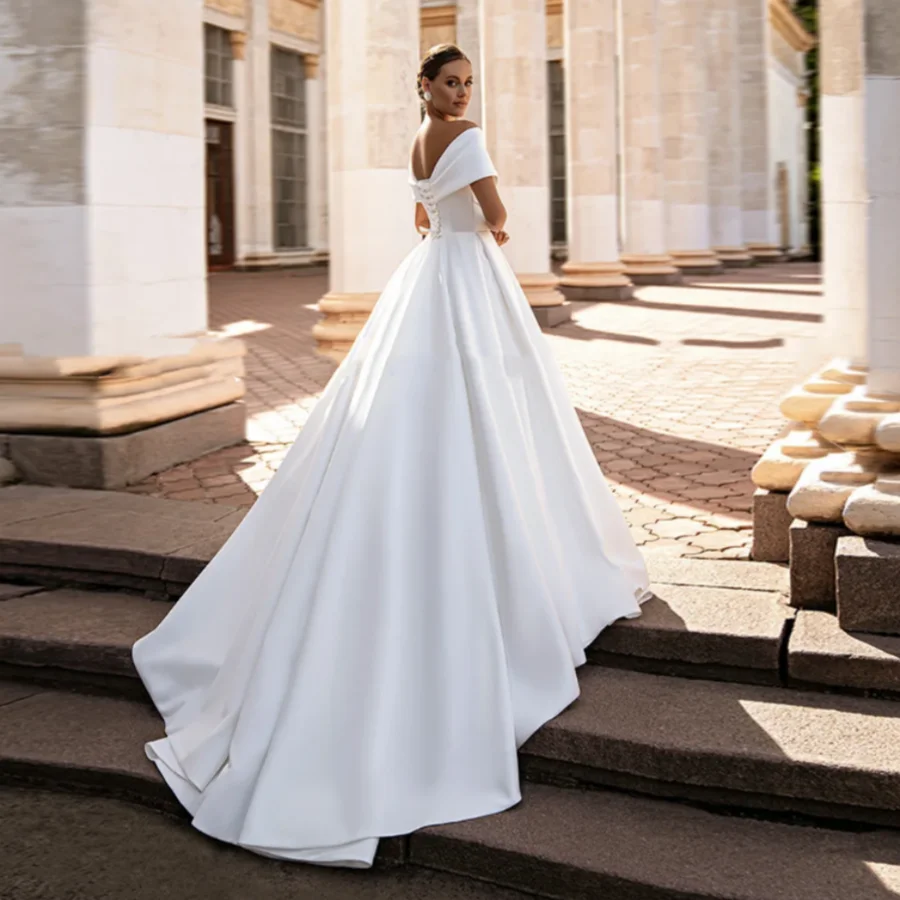 Robe de mariée en Satin Simple, col en V, avec traîne, magnifique robe de bal, épaules dénudées, Corset, robe de mariée 