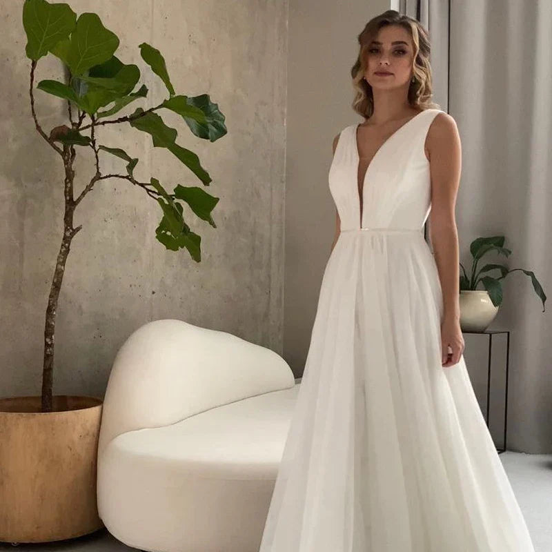 I OD Elegant A-Line Wedding Dress Sexy V-neck Sash With Sequins Backless Regular Straps Chiffon Bridal Gowns Robe De Mariee