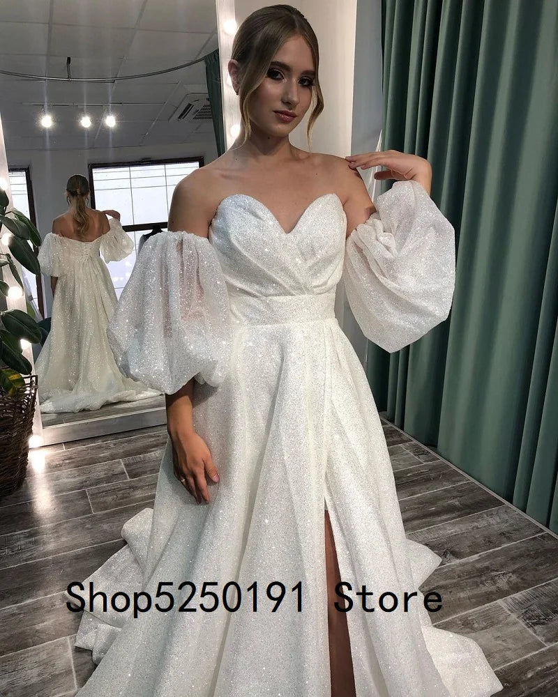 Sweetheart Neckline Wedding Dress Backless Off The Shoulder Short Sleeve High Split Crystals Glitter Bridal Gowns For Women