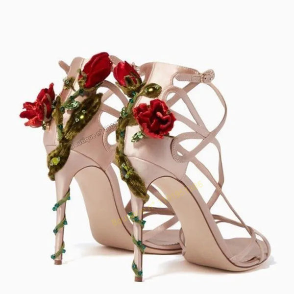 Pink Back Flower Decor Sandals Wedding Shoes for Women Band Decor Fashion Twine Heel High Heels Shoes Zapatillas Mujer