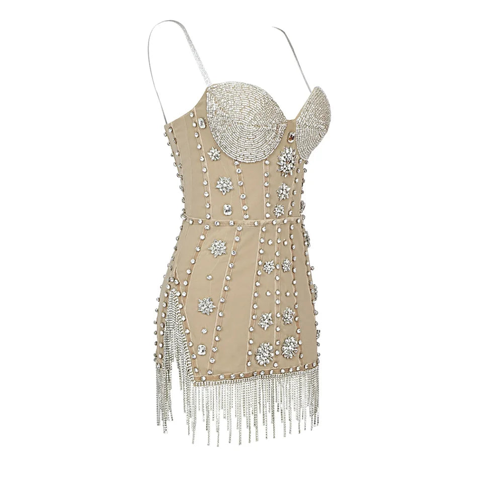 Diamond Fringe Mini Dress Summer Sexy Strap V Neck Luxury Rhinestone Beading Tassel Split Ultra-short Party Performance Dress