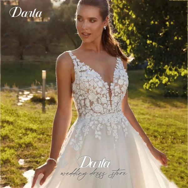 Darla A Line Tulle Wedding Dress Sexy See Through Sleeveless Lace Appliques V Neck Bride Dressing Gown Buttons Robe Bride