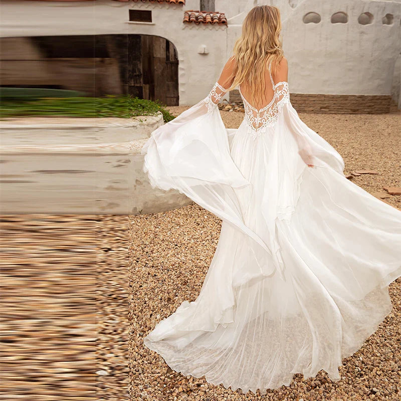 Vestido De Novia De gasa con cuello en V para mujer, vestido De boda bohemio a la moda, vestidos elegantes con espalda abierta y tren de barrido 