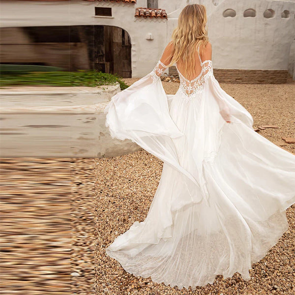 Bridal Gown Chiffon V-neck Women Fashion BohoWedding Dress Elegant Spaghett Open Back Vestidos De Novia Sweep Train