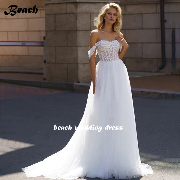 BEACH Elegant Lace Appliques Off The Shoulder Wedding Bridal Gowns Backless A-Line Sweep Train Bride Dress vestidos largos