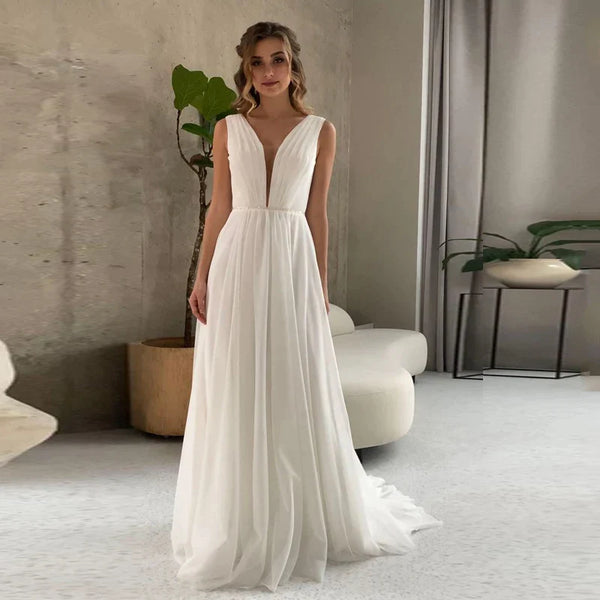 I OD Elegant A-Line Wedding Dress Sexy V-neck Sash With Sequins Backless Regular Straps Chiffon Bridal Gowns Robe De Mariee