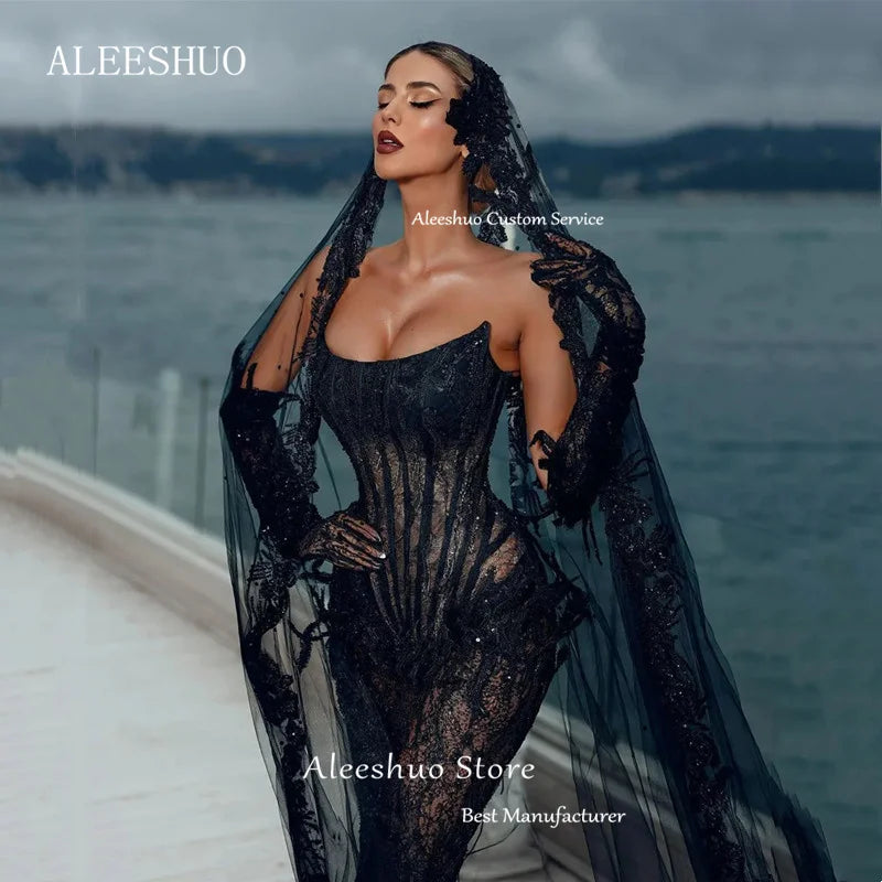 Aleeshuo Sexy Black Tulle Strapless Mermaid Evening Dresse Glitter Sequined Illusion Lace Sleeveless Evening Gowns Robe soirée