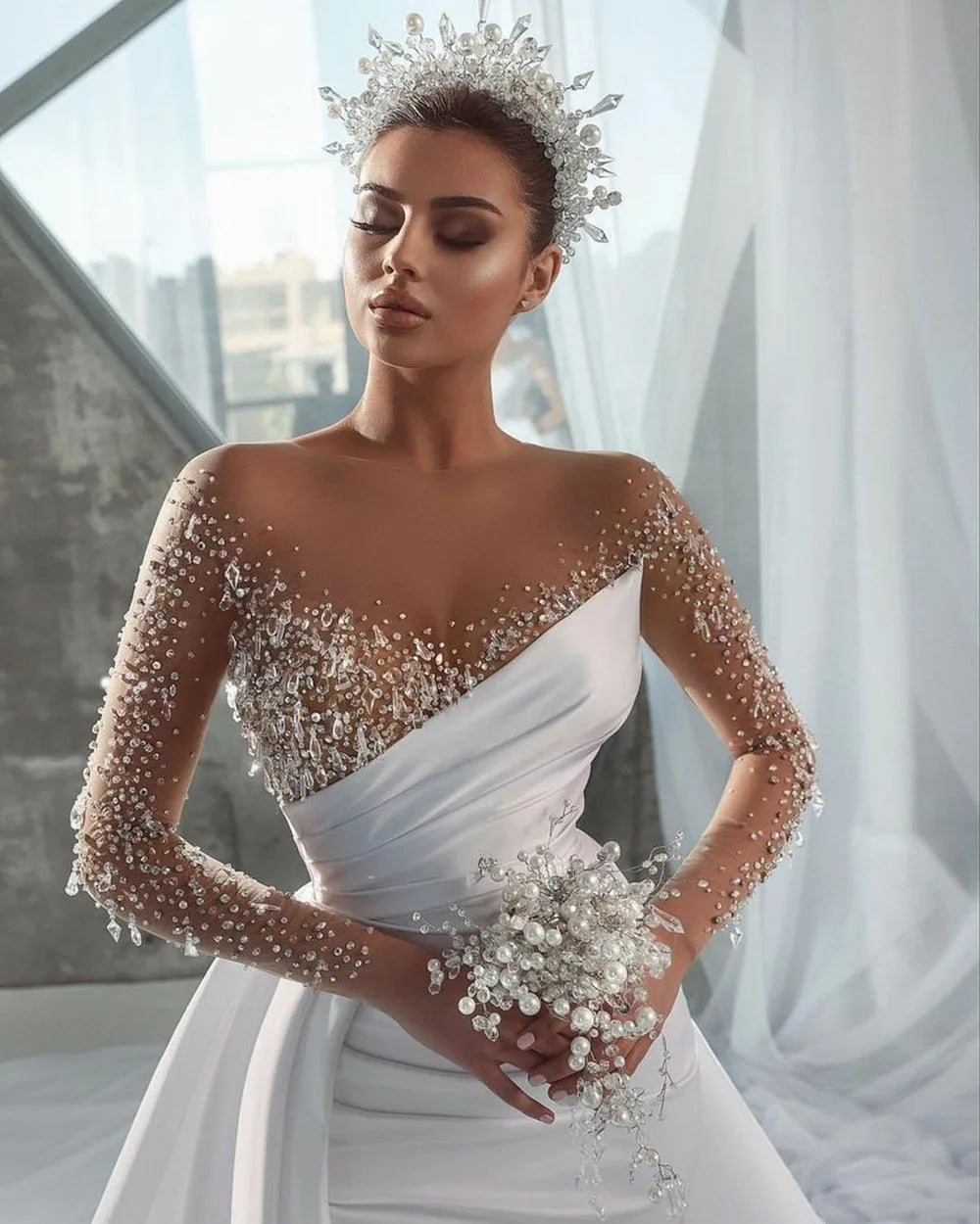 Sexy Illusion Neck Mermaid Wedding Dress Long Sleeves Shiny Beading Bridal Gowns With Overskirts Vintage Vestidos De Novia