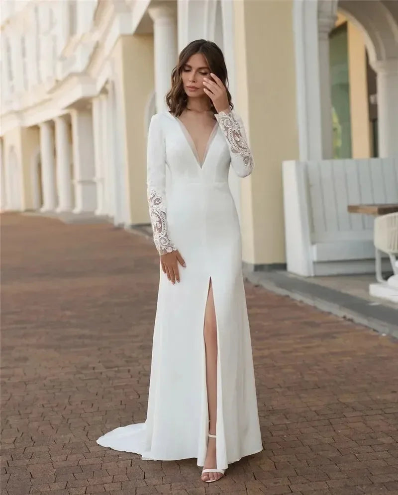 Romantic Bridal Luxury Wedding Mermaid sexy slit with V-neck floor length exquisite long sleeve beach bridal party dress 14W