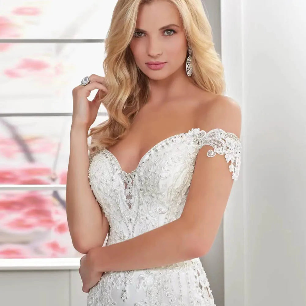 Perfecte elegante zeemeermin trouwjurken kanten appliques van de schouder bruidsjurken lieverd sweep trein vestidos de novia