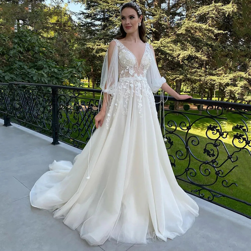 A-Line 3/4 Sleeve Sexy Deep V Neck Wedding Dress Open Back Tulle Lace Appliquéd Bridal Gown Boho Vestidos Custom White 50Cm